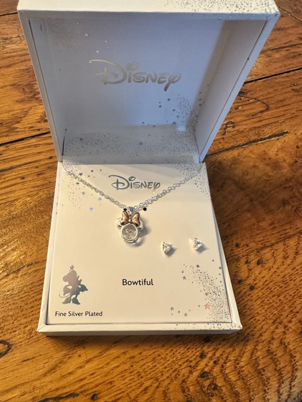 Disney Silver Necklace and Earrings Set with Rose Gold Bow Accents